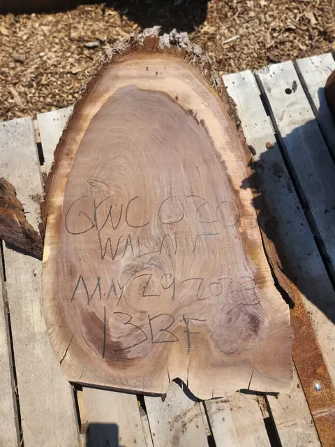 Oval walnut cookie slab with a chalk tag