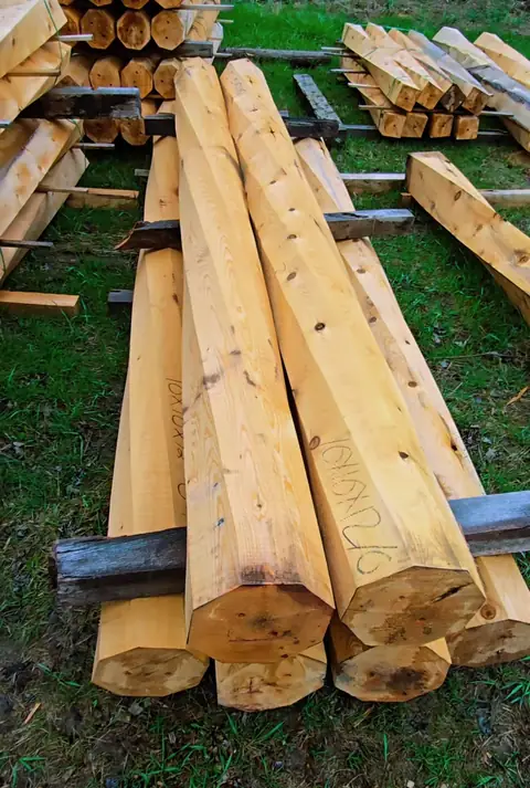 Octagon twisted cedar posts on a rack
